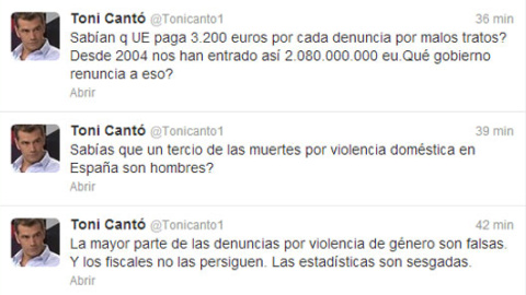 Tuits de 2013 de Toni Cantó en los que promocionaba estadísticas falsas sobre violencia de género, supuestamente ocultas para favorecer a las víctimas mujeres. El entonces diputado de UPyD tuvo que pedir perdón.