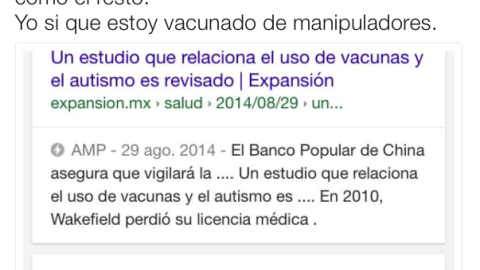 Tuit de Javier Cárdenas (ahora borrado) en el que difundía el bulo de que las vacunas provocan autismo.