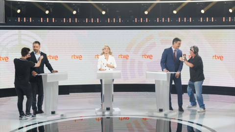 Los candidatos a la Presidencia, Santiago Abascal (Vox); Yolanda Díaz (Sumar), y Pedro Sánchez (PSOE), en el Estudio 6 de Prado del Rey, a 19 de julio de 2023, en Madrid (España)