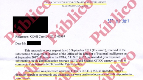 Comienzo de la respuesta de la Oficina del Director Nacional de Inteligencia de EEUU sobre los supuestos mensajes del NCTC a los Mossos y al CITCO.