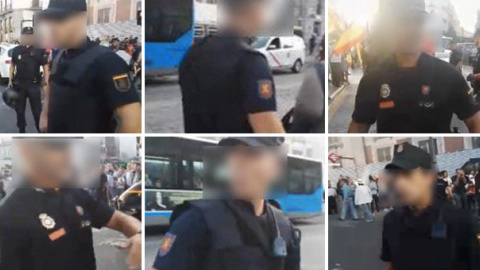 Diferentes agentes de Policía Nacional sin el preceptivo número de identificación durante la concentración del miércoles en la Puerta del Sol de Madrid.- IMÁGENES CEDIDAS POR STÉPHANE GRUESO