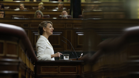 Yolanda Díaz responde a Ramón Tamames en el Congreso durante el debate de la moción de censura de Vox.