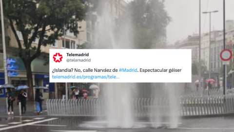 Tuit de Telemadrid en el que se mofa de las inundaciones y califica de “géiser” una columna de agua en plena calle