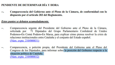 Detalle de la agenda del Congreso con el orden del día del pleno de la próxima semana.