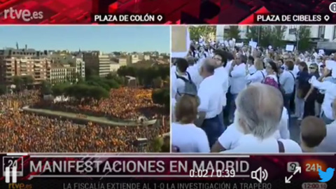 Captura de la cobertura de las dos manifestaciones por el canal 24Horas de TVE.