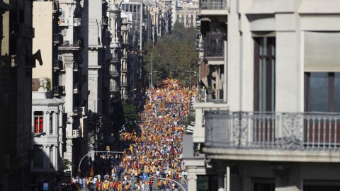 Manifestants en favor de la unitat d'Espanya omplen la Via Laietana des d'abans de l'inici de la marxa / EFE Alberto Estévez