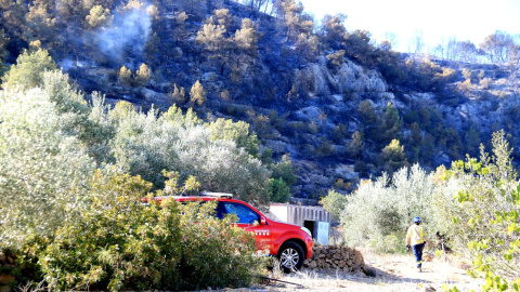 01/08/2023 - Un bomber a l'incendi del Perelló (Baix Ebre), en una imatge de dimarts.