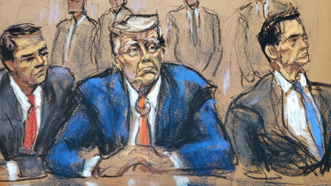 Boceto de la declaración del expresidente de EEUU, Donald Trump, ante un tribunal federal en Washington por cargos por orquestar un complot para tratar de anular su derrota en las elecciones de 2020.