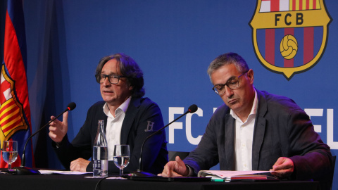 Intervenció del director de l’Àrea de Sostenibilitat del FC Barcelona, Jordi Portabella durant la presentació del Pla de Mobilitat pels partits del club a Montjuïc.