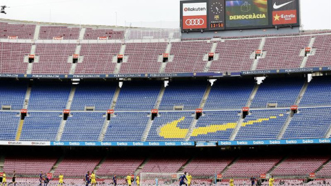 Vista general del partido correspondiente a la séptima jornada de LaLiga Santander entre el Barcelona y Las Palmas disputado en el estadio Camp Nou a puerta cerrada./EFE