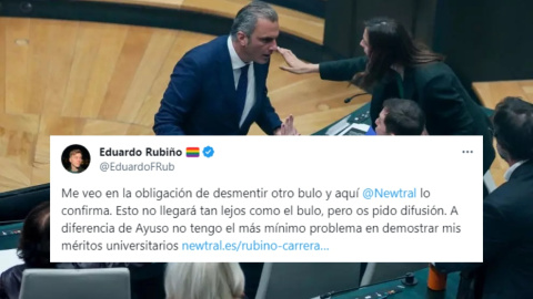 La estrategia de la extrema derecha para desacreditar a Eduardo Rubiño después de que Ortega Smith le tirara una botella a la cara
'Collage' con la imagen de la escena de Ortega Smith encarándose con Rubiño y varios tuits de éste'Collage' con la imag