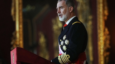 El rey Felipe VI, durante su discurso en la recepción este sábado en el Palacio Real con motivo de la Pascua Militar.-EFE | Borja Sanchez-Trillo 