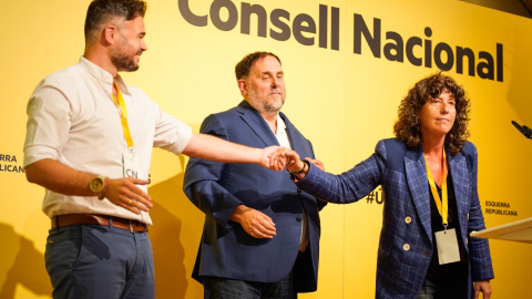 10/06/2023 - Gabriel Rufián, Oriol Junqueras i Teresa Jordà, en el consell nacional que ERC ha celebrat aquest dissabte.