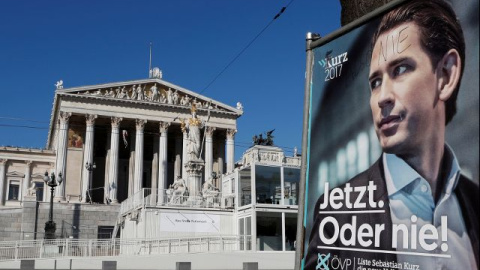 Un póster de campaña de Sebastian Kurz y el Parlamento de Viena en el fondo. REUTERS