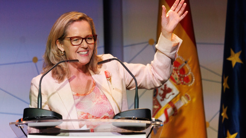 La vicepresidenta primera del Gobierno, Nadia Calviño, interviene en la apertura del X Aniversario de la European Long Term Investor Association, en Casa América, a 20 de julio de 2023, en Madrid (España).