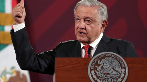 14/08/2023 El presidente de México Andrés Manuel López Obrador, durante su conferencia de prensa matutina en el Palacio Nacional