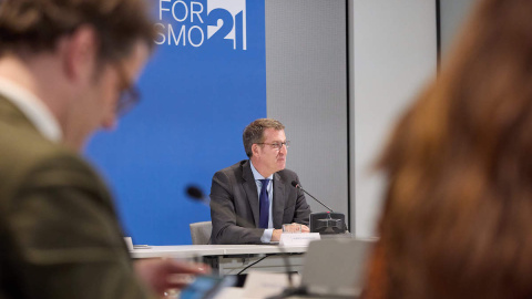 El presidente del Partido Popular, Alberto Núñez Feijóo, durante el acto de constitución de la nueva fundación del PP, en el edificio GMP, a 17 de marzo de 2023, en Madrid.