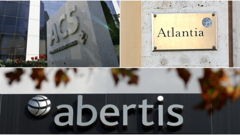 Los logos de ACS, Atlantia y Abertis, en sus respectivas sedes en Madrid, Roma y Barcelona. REUTERS/E.P./AFP