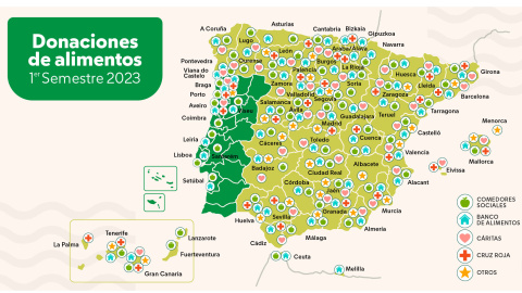 Mapa de donaciones de alimentos de Mercadona durante el primer semestre de 2023.