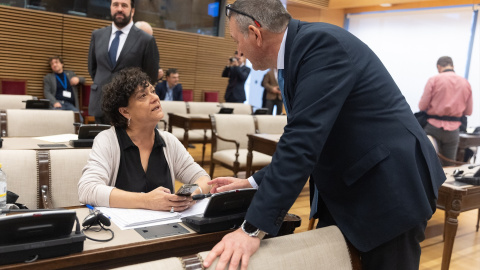 La portavoz de Justicia de Esquerra Republicana (ERC) en el Congreso, Pilar Vallugera (c), y el diputado de Junts Josep Maria Cervera (1d) conversan a su llegada a la Comisión de Justicia, en el Congreso de los Diputados