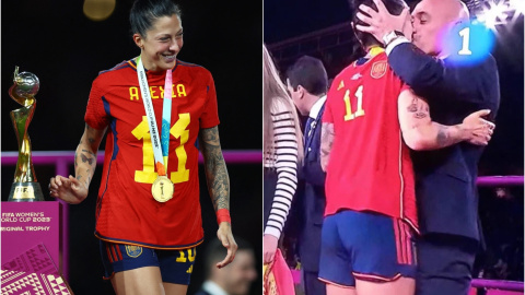 La jugadora Jenni Hermoso durante la entrega de medallas (izquierda) y el beso de Rubiales (derecha).