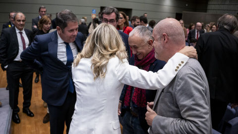 22/11/2023 - El presidente de la CEOE, Antonio Garamendi; el secretario general de UGT, Pepe Álvarez; el secretario general de CCOO, Unai Sordo y la vicepresidenta segunda y ministra de Trabajo y Economía Social, Yolanda Díaz, durante la toma de posesi