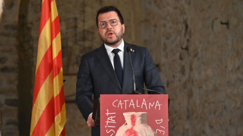 El president de la Generalitat, Pere Aragonès, durant la seva intervenció a l'acte de l'UCE a la Catalunya del Nord