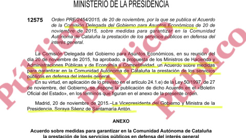 Fragmento de la disposición del BOE para intervenir las cuentas de la Generalitat firmada por la vicepresidenta Sáenz de Santamaría.