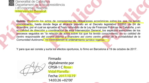 Párrafo del informe firmado por la interventora general de Hacienda de la Generalitat en el que se constata que el 1-O no se cometió malversación.