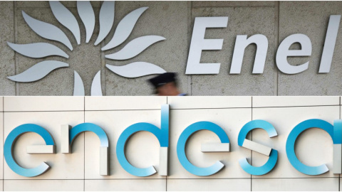 Los logos de las eléctricas Enel y Endesa, en sus respectivas sedes. REUTERS