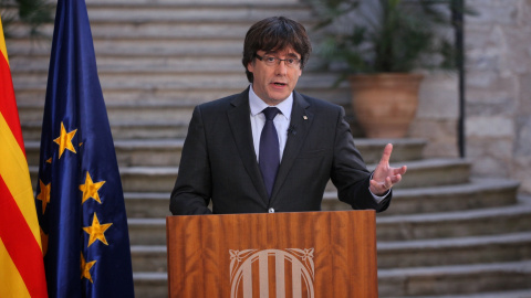 El president de la Generalitat, Carles Puigdemont, en la seva intervenció d'aquest dissabte