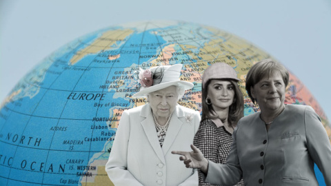 08/03/2024 Isabel II, Penélope Cruz y Angela Merkel sobre la imagen de un globo terráqueo.