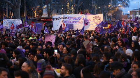 Manifestación convocada por la Comisión 8M bajo el lema 'Patriarcado, Genocidio, Privilegios #SeAcabó', este viernes en Madrid.