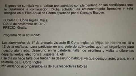 Petición de autorización para visitar El Corte Inglés remitida por el colegio público, donde se exponen los detalles de esta "actividad formativa".