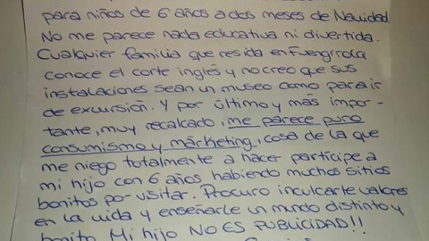 Carta de una madre al colegio de su hijo de seis años adjunta a la solicitud de autorización para visitar El Corte Inglés "a dos meses de Navidad".