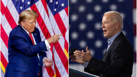 Donald Trump (izquierda) y el actual presidente estadounidense, Joe Biden (derecha) mantienen sus respectivos discursos en el Estado de Georgia, el 9 de marzo de 2024.