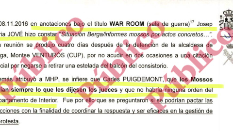 Descripción de la Guardia Civil sobre las anotaciones manuscritas de Jové bajo el titular "War Room" en las que figuran las afirmaciones de Puigdemont sobre el cumplimiento de las órdenes de los jueces por parte de los Mossos.