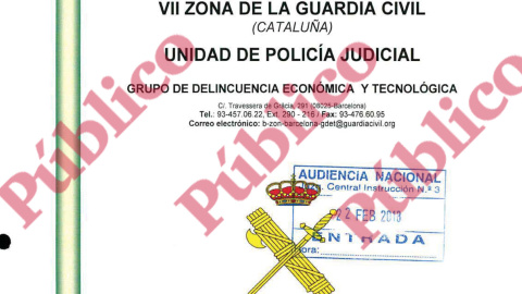 Encabezado del atestado de la Guardia Civil sobre sus diligencias ampliatorias por el presunto delito de sedición por el referéndum del 1-O, entregado a la Audiencia Nacional el pasado 22 de febrero.