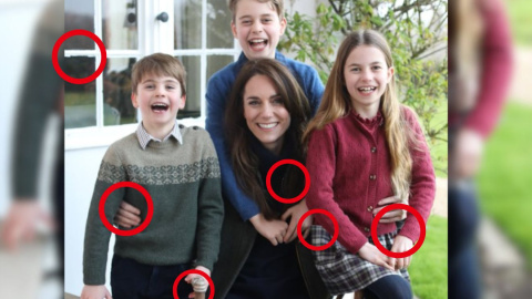 Kate Middleton y sus tres hijos en la foto familiar manipulada que ha difundido este domingo la Casa Real británica.