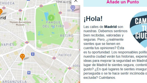 Pantallazo de la web Free to Be (Libre para ser yo) que Plan Internacional ha puesto en marcha para que las jóvenes identifiquen lugares seguros e inseguros de Madrid.