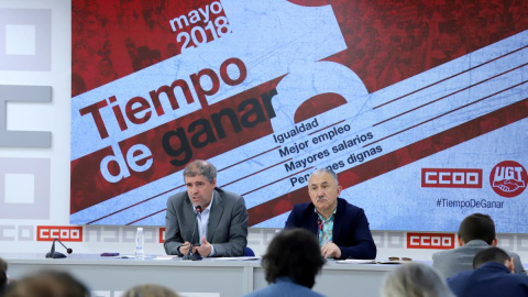 Los secretario generales de CCOO, Unai Sordo, y de UGT, Pepe Àlvarez, durante la presentación de las movilizaciones para el Primero de Mayo.- CCOO