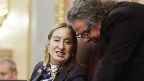 La presidenta del Congreso Ana Pastor conversa con el diputado de ERC Joan Tardá, durante el pleno del Congreso de Los Diputados. EFE/ FERNANDO ALVARADO