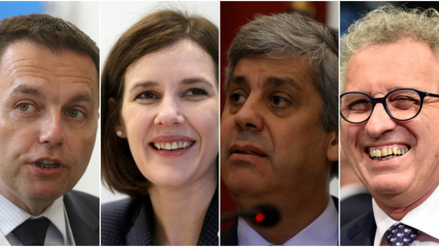 Los ministros Peter Kazimir, de Eslovaquia, Dana Reizniece-Ozola, de Letonia, Mario Centeno, de Portugal, y Pierre Gramegna, de Luxemburgo, candidatos a la Presidencia del Eurogrupo. REUTERS