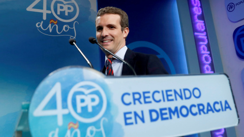 El vicesecretario de Comunicación del PP, Pablo Casado, durante la rueda de prensa que ha ofrecido tras la reunión del Comité de Dirección del partido. EFE/Chema Moya