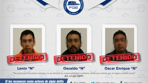 Imagen difundida por la Fiscalía General del Estado de Puebla de los tres detenidos