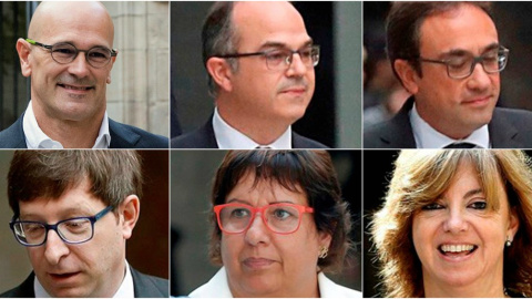 Los exconsellers de la Generalitat Raúl Romeva, Jordi Turull, Josep Rull, Carles Mundó, Dolores Bassa y Meritxell Borrás, izquierda a derecha y de arriba a abajo, a quienes el juez del Tribunal Supremo Pablo Llarena ha decido dejar en libertad bajo fia