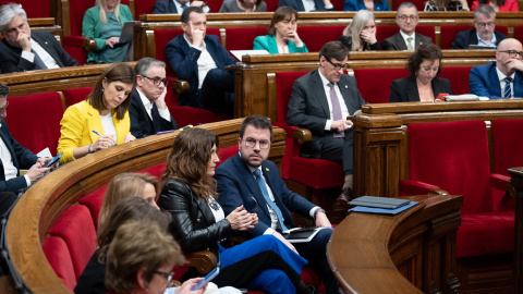 El president de la Generalitat, Pere Aragonès, durante el pleno del debate a la totalidad de Presupuestos 2024 en el Parlament. E.P./David Zorrakino