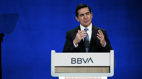 El presidente del BBVA, Carlos Torres, durante su intervención en la junta general ordinaria del banco, en Bilbao. E.P./H.Bilbao