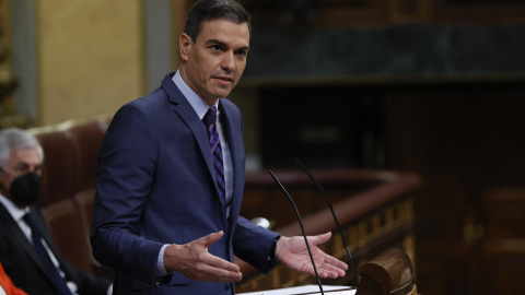 El presidente del Gobierno, Pedro Sánchez, durante su comparecencia este miércoles ante el pleno del Congreso para informar de las conclusiones del Consejo Europeo, la Cumbre de la OTAN y las relaciones con Marruecos