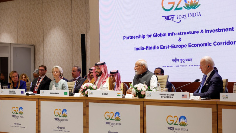 Los representantes de Italia, la Unión Europea, Arabia Saudí, India y Estados Unidos en un evento de la cumbre del G20.